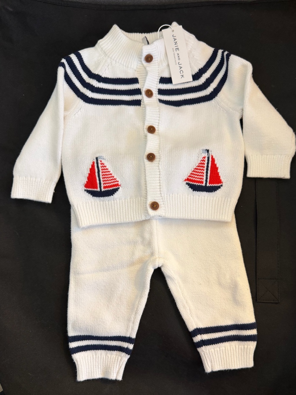 Janie and Jack Striped Knit Cardigan Set in White and Navy 6-to 12 months